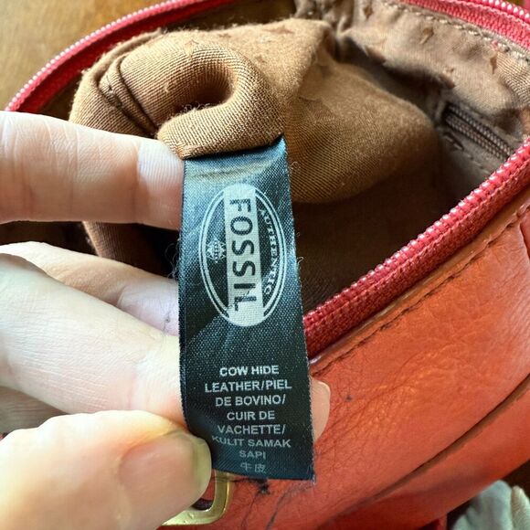 Fossil Coral Orange 100% Cow Hide Leather Square Crossbody Zipper Top Purse Bag - Picture 9 of 9